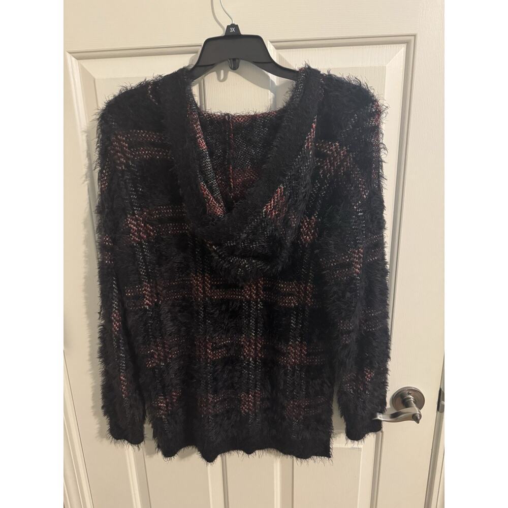 Rock & Republic Fuzzy Lash Plaid Lace Up Pullover Hoodie Sweater Black Red M - Picture 8 of 9